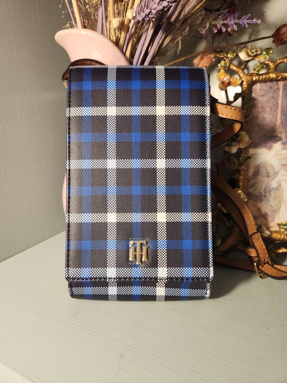 Tommy Hilfiger Julia Phone Blue & Black Plaid Crossbody Wallet Nwot